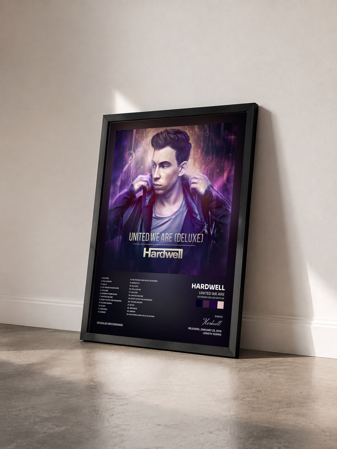 #noir United We Are (Extended Deluxe Edition) di Hardwell in stampa incorniciata vista di tre quarti, cornice nera