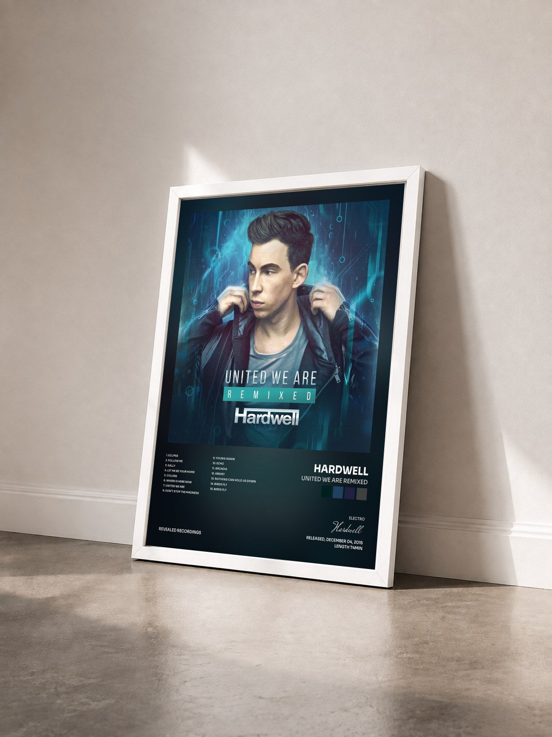 #blanc Tableau de l'album United We Are Remixed de Hardwell vu de trois quarts, cadre blanc