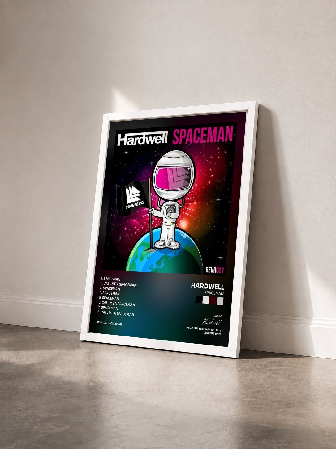 #blanc Spaceman by Hardwell as a framed art print seen at an angle, white frame
