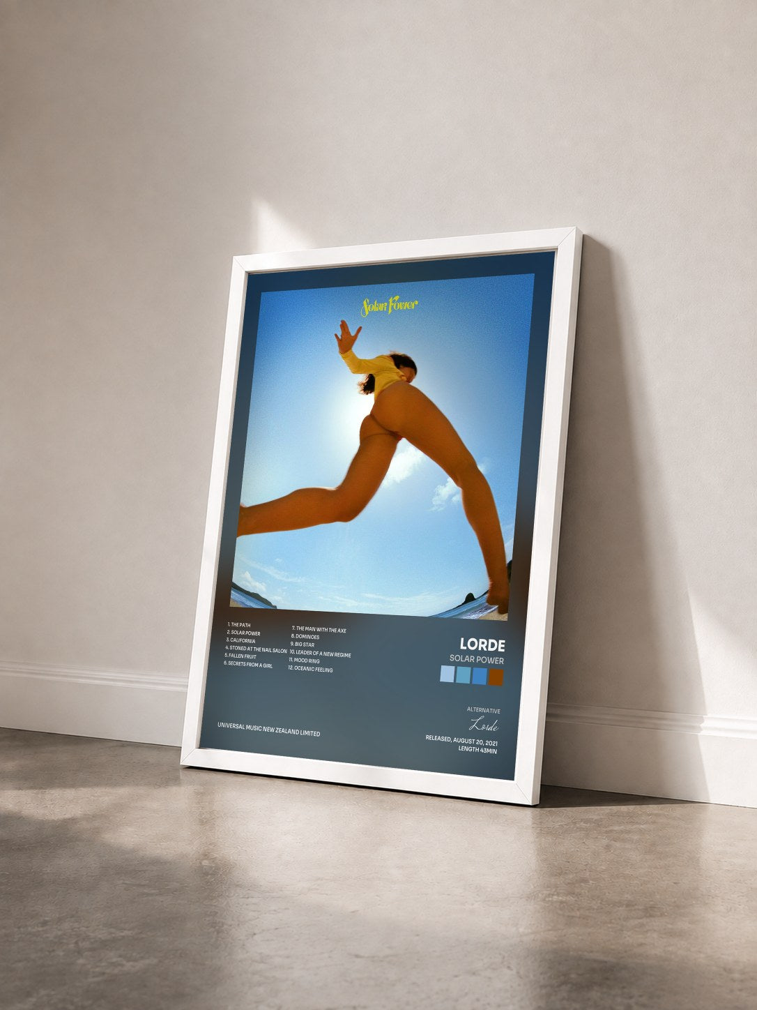 #blanc Solar Power by Lorde as a framed art print seen at an angle, white frame