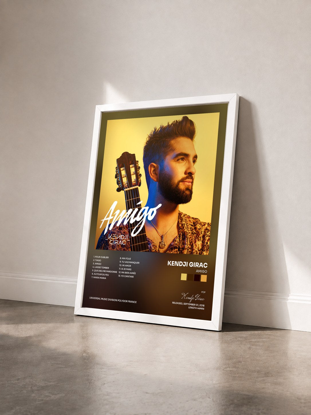 #blanc Amigo by Kendji Girac as a framed art print seen at an angle, white frame