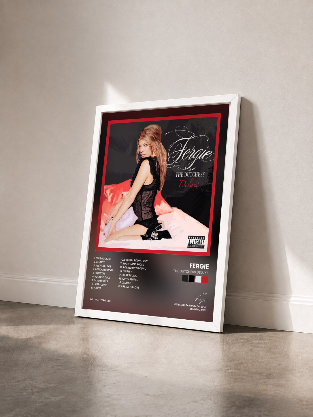 #blanc The Dutchess Deluxe de Fergie en lámina enmarcada vista de tres cuartos, marco blanco