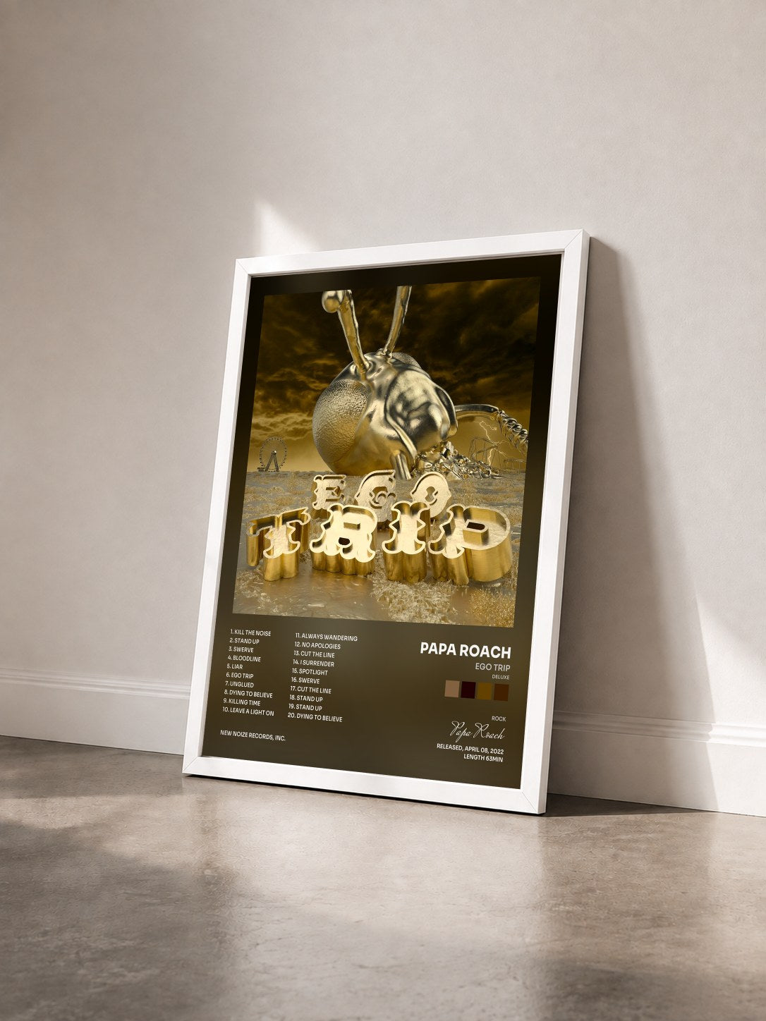 #blanc Tableau de l'album Ego Trip (Deluxe) de Papa Roach vu de trois quarts, cadre blanc