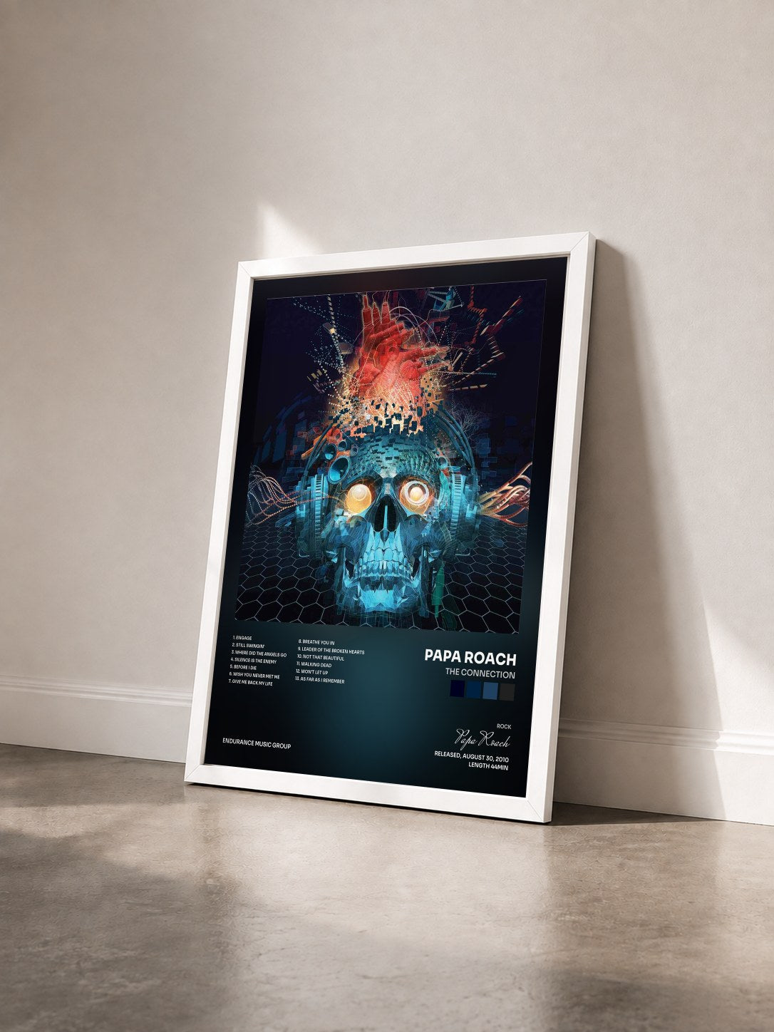 #blanc Tableau de l'album The Connection de Papa Roach vu de trois quarts, cadre blanc