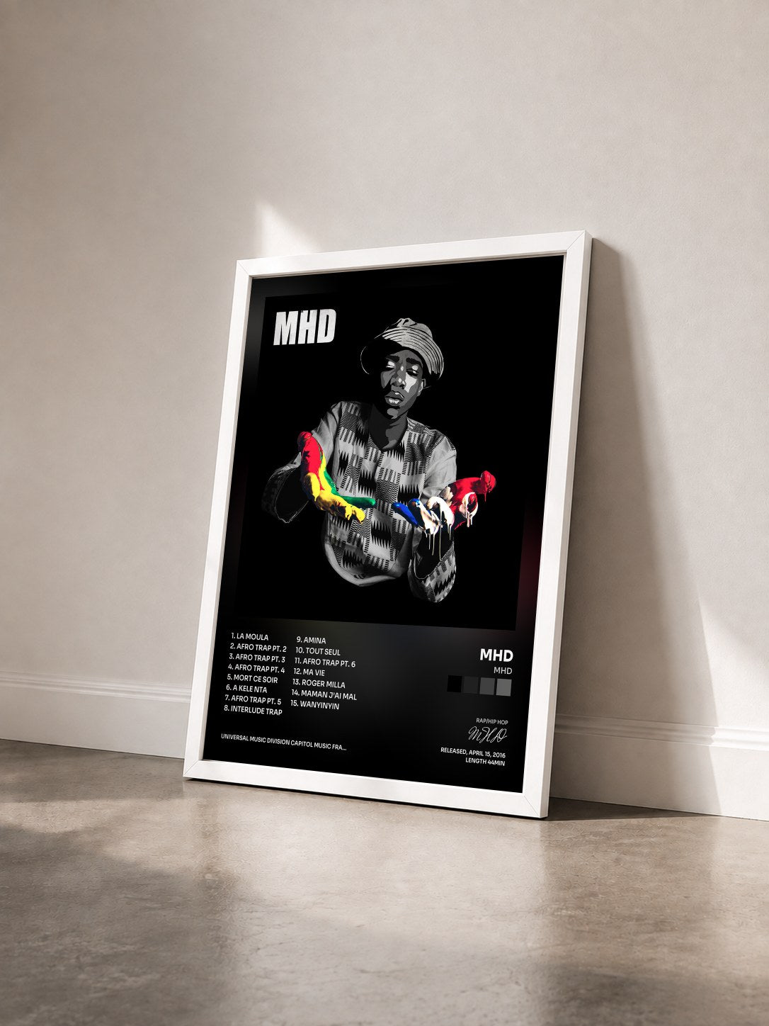 #blanc Tableau de l'album MHD de MHD vu de trois quarts, cadre blanc