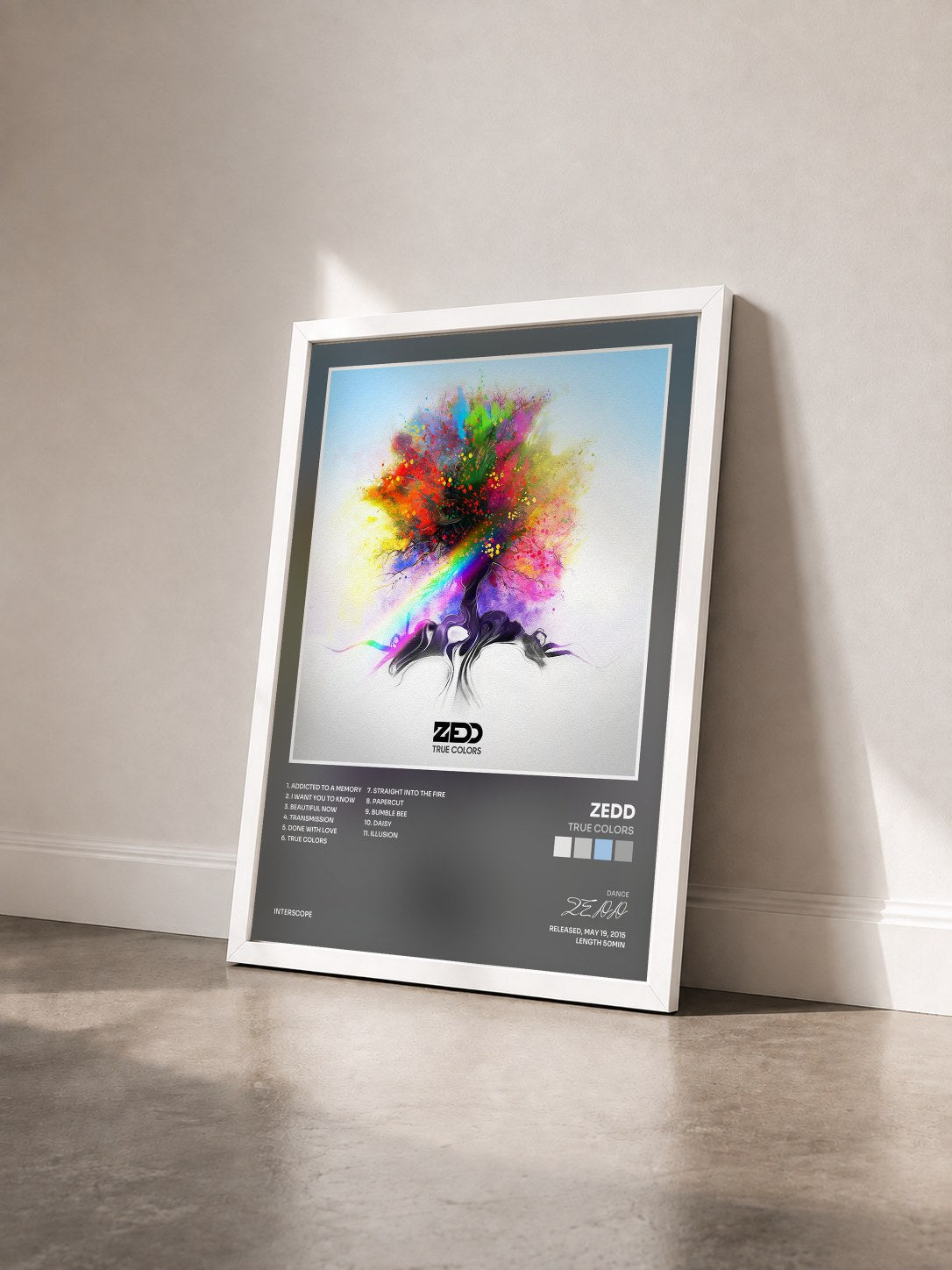 #blanc Tableau de l'album True Colors de ZEDD vu de trois quarts, cadre blanc