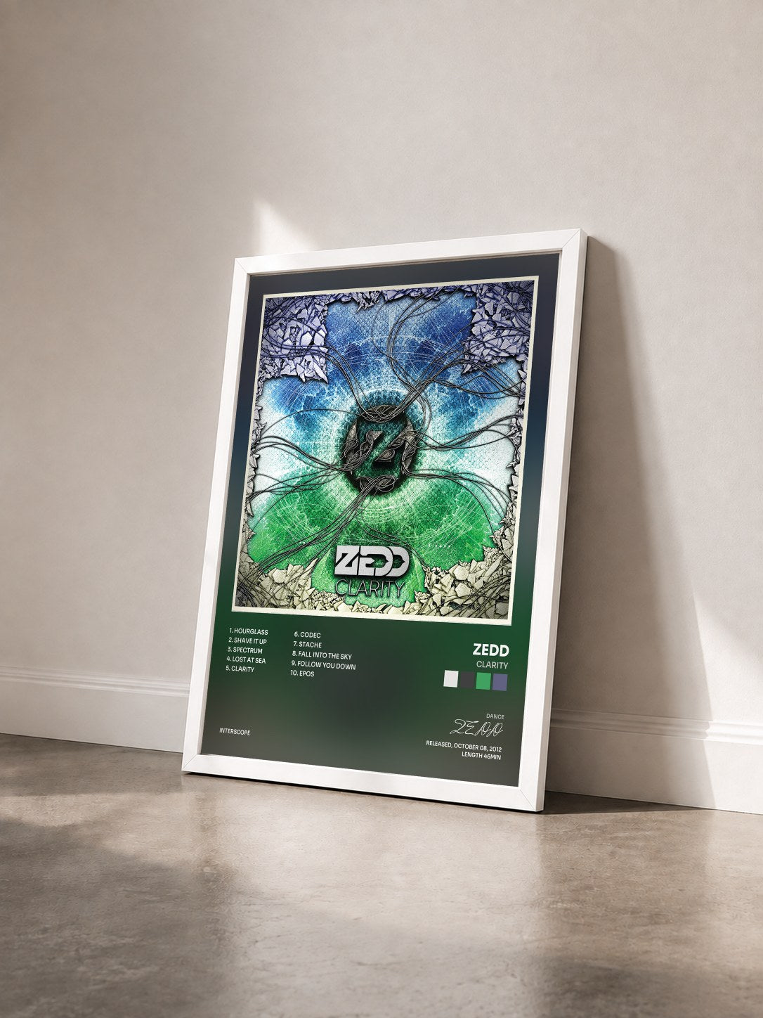 #blanc Tableau de l'album Clarity de ZEDD vu de trois quarts, cadre blanc