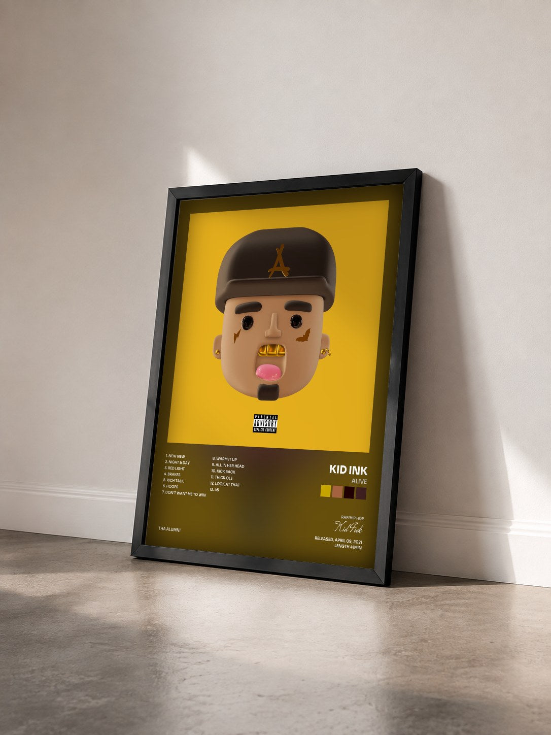 #noir ALIVE de Kid Ink en lámina enmarcada vista de tres cuartos, marco negro