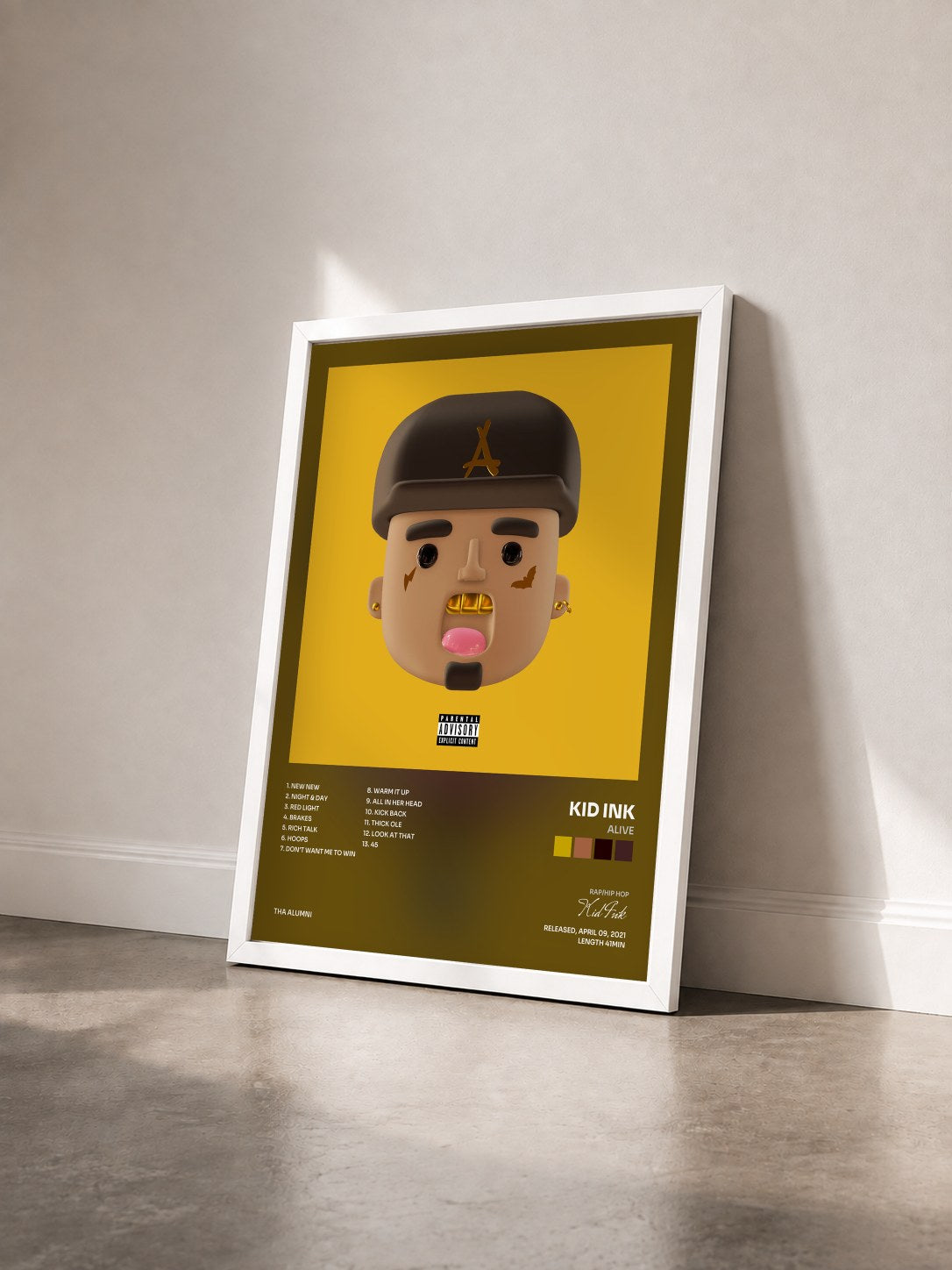 #blanc ALIVE de Kid Ink en lámina enmarcada vista de tres cuartos, marco blanco