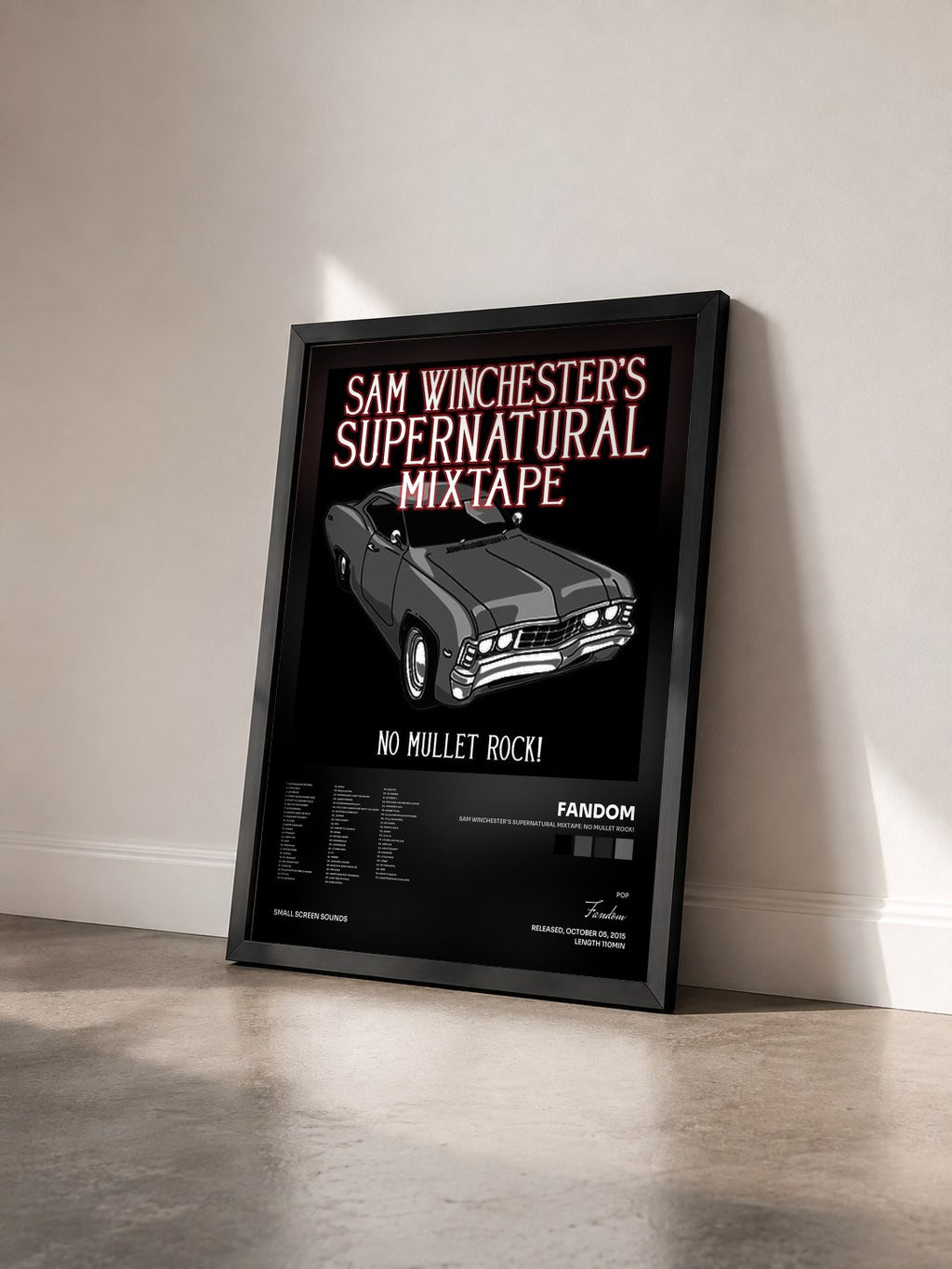 #noir Tableau de l'album Sam Winchester's Supernatural Mixtape: No Mullet Rock! de Fandom vu de trois quarts, cadre noir