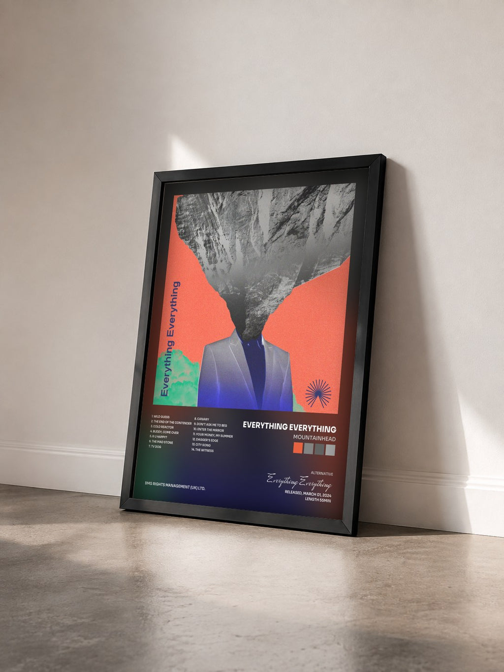 #noir Tableau de l'album Mountainhead de Everything Everything vu de trois quarts, cadre noir