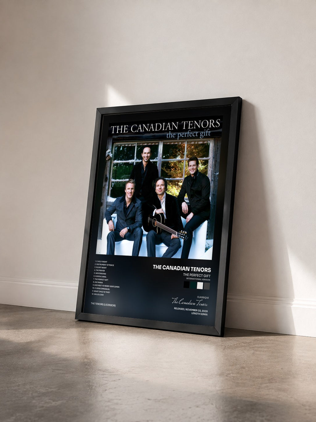 #noir Tableau de l'album The Perfect Gift (International Version) de The Canadian Tenors vu de trois quarts, cadre noir