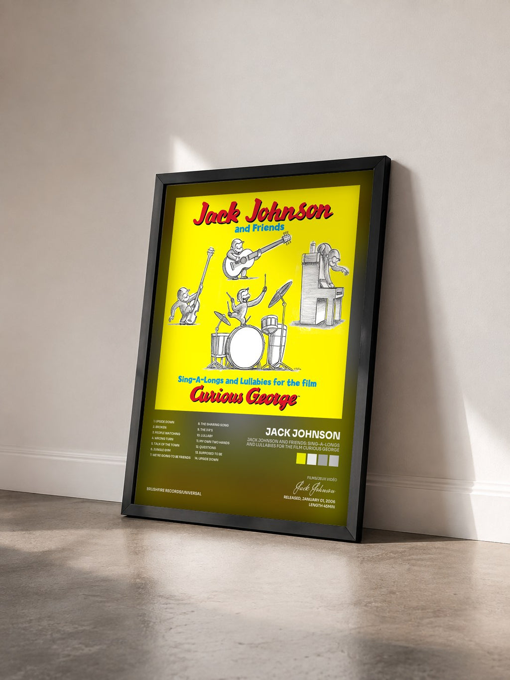 #noir Jack Johnson And Friends: Sing-A-Longs And Lullabies For The Film Curious George by Jack Johnson as a framed art print seen at an angle, black frame