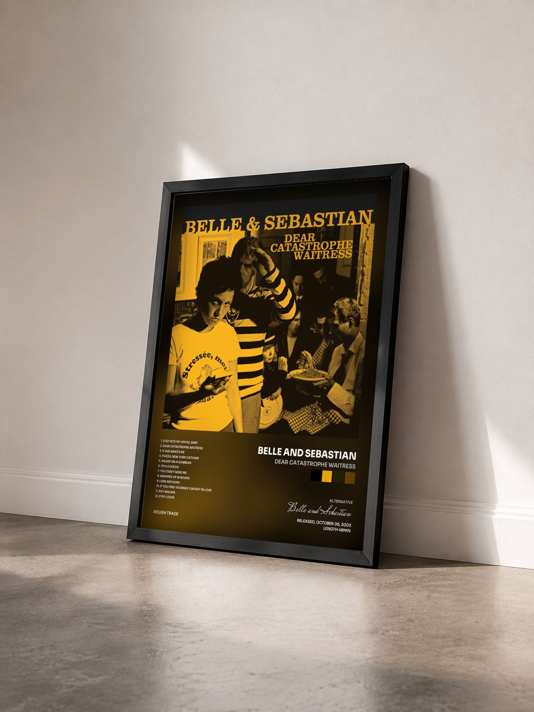 #noir Tableau de l'album Dear Catastrophe Waitress de Belle and Sebastian vu de trois quarts, cadre noir