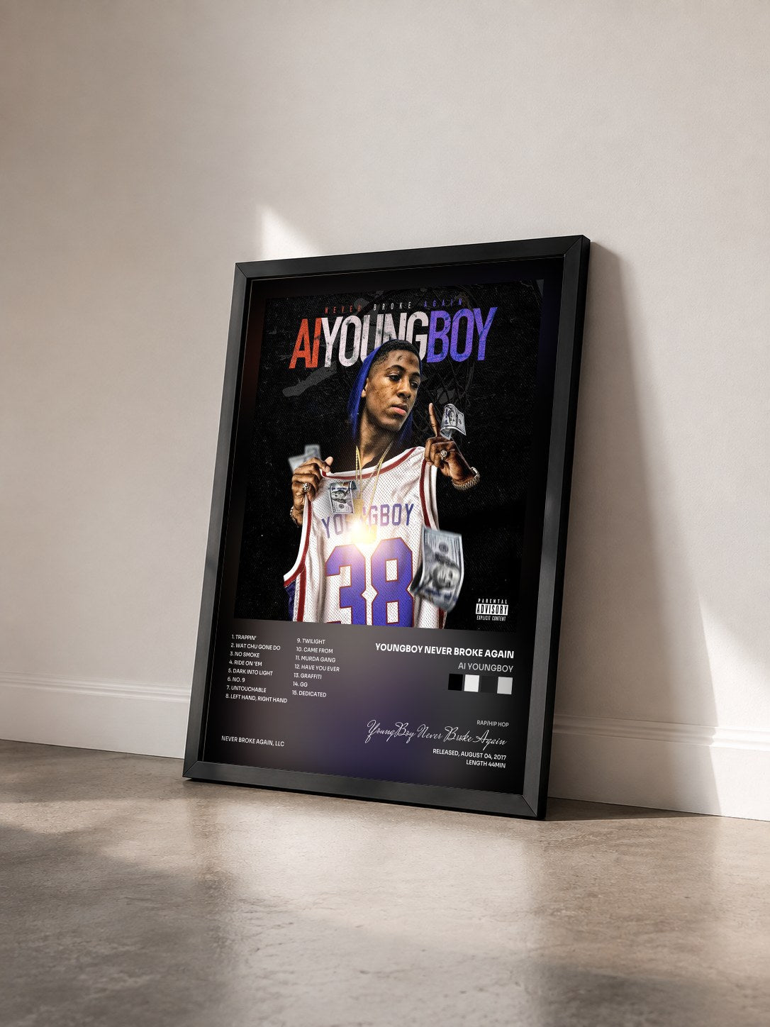 #noir AI YoungBoy di YoungBoy Never Broke Again in stampa incorniciata vista di tre quarti, cornice nera