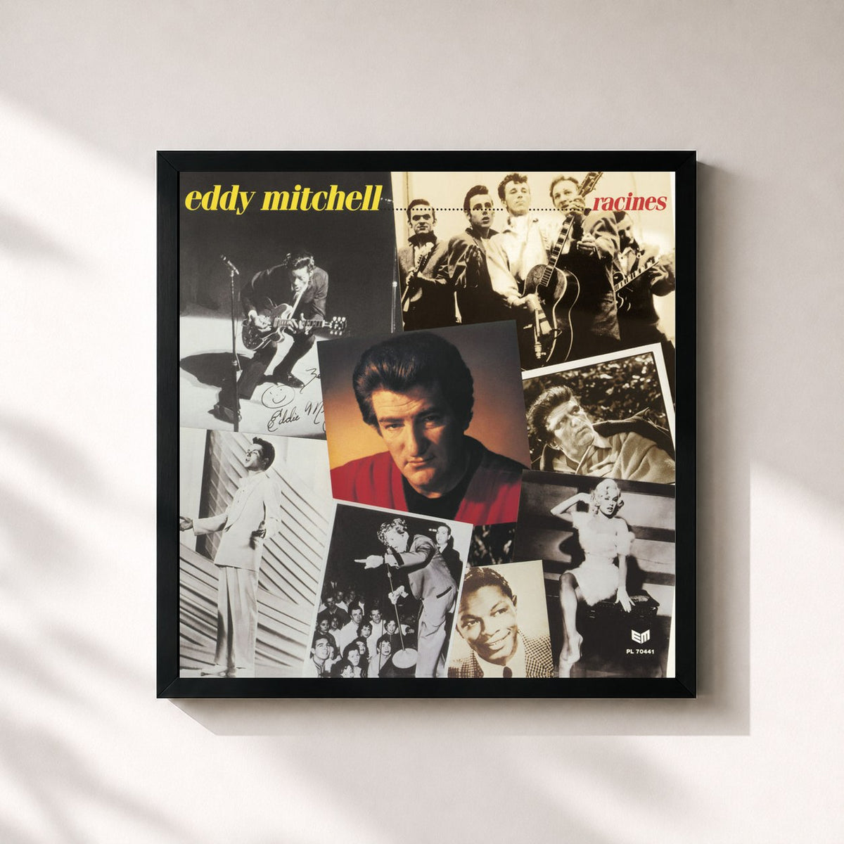 #noir Tableau carré de l'album Racines de Eddy Mitchell, cadre noir 32x32 cm