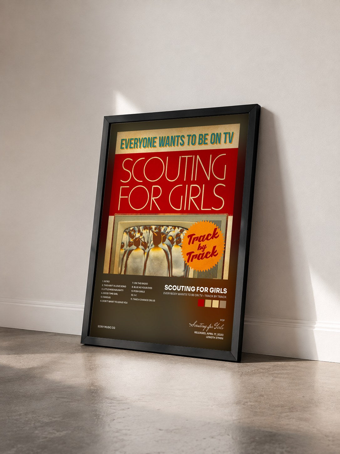 #noir Tableau de l'album Everybody Wants To Be On TV - Track by Track de Scouting for Girls vu de trois quarts, cadre noir