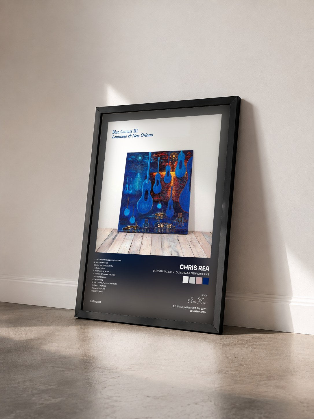 #noir Tableau de l'album Blue Guitars III - Louisiana & New Orleans de Chris Rea vu de trois quarts, cadre noir