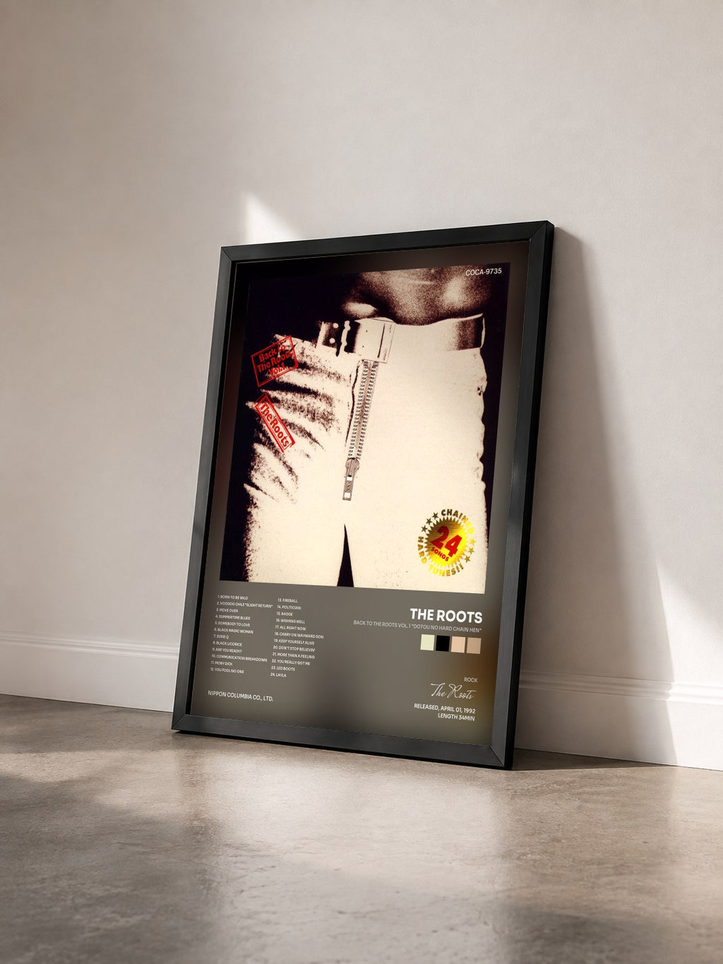 #noir Tableau de l'album Back to the Roots Vol. 1 "Dotou No Hard Chain Hen" de The Roots vu de trois quarts, cadre noir