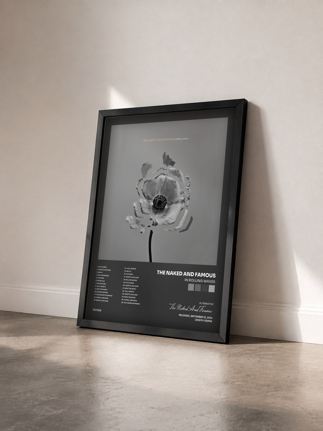 #noir Tableau de l'album In Rolling Waves de The Naked And Famous vu de trois quarts, cadre noir