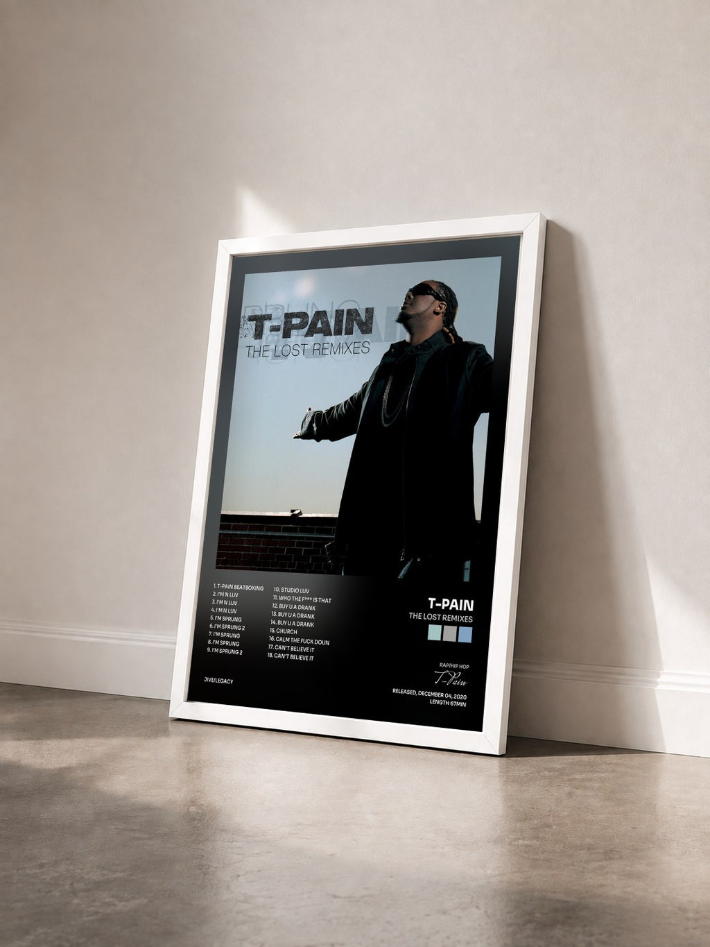 #blanc The Lost Remixes di T-Pain in stampa incorniciata vista di tre quarti, cornice bianca