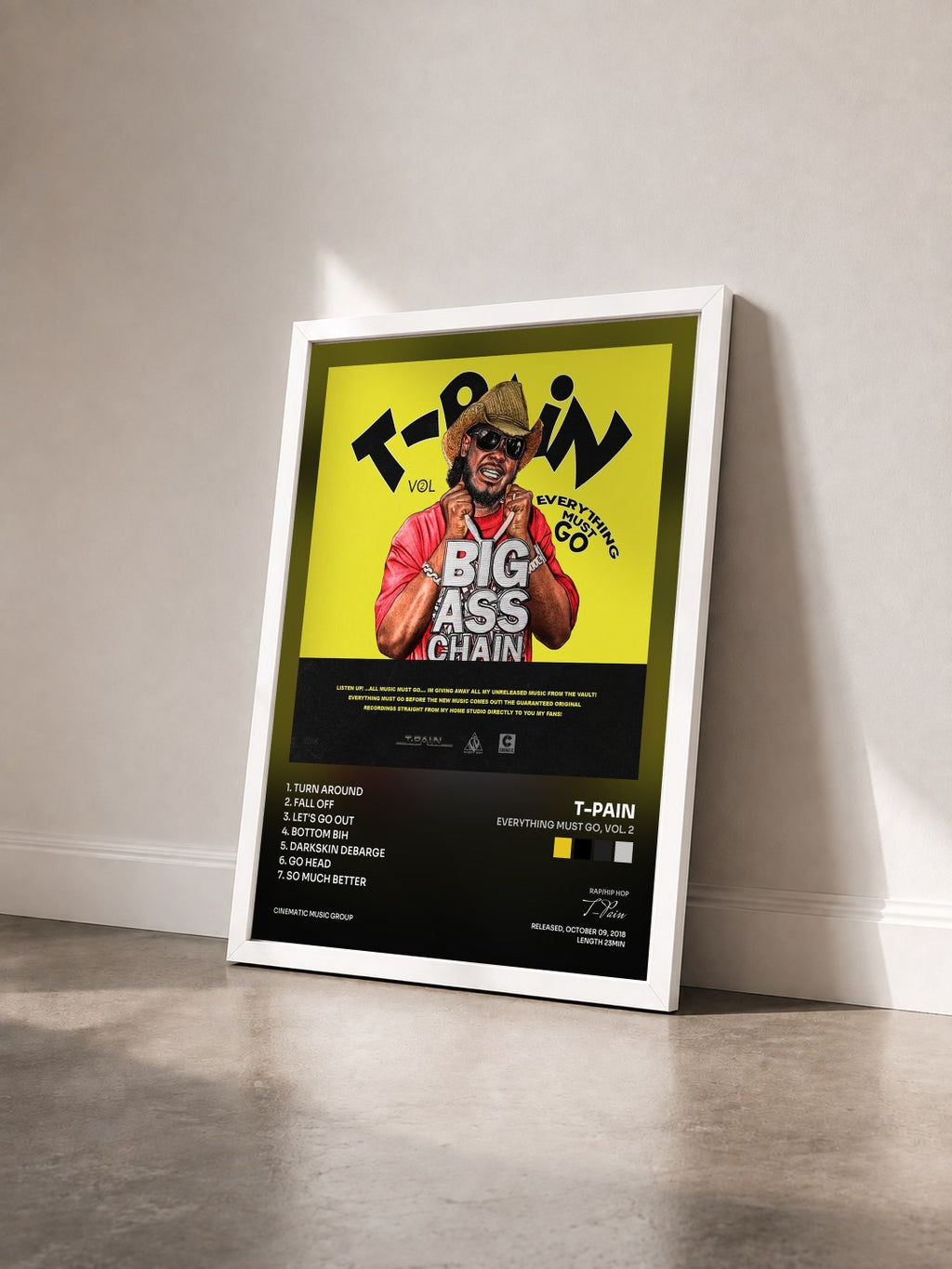 #blanc Tableau de l'album Everything Must Go, Vol. 2 de T-Pain vu de trois quarts, cadre blanc