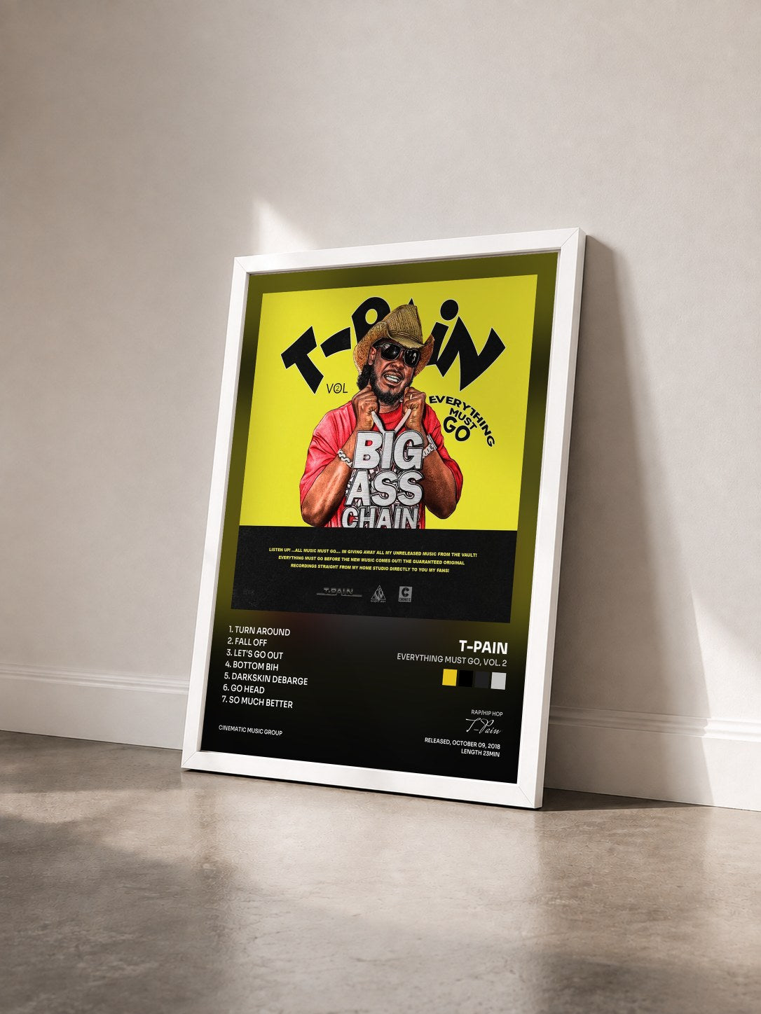 #blanc Tableau de l'album Everything Must Go, Vol. 2 de T-Pain vu de trois quarts, cadre blanc
