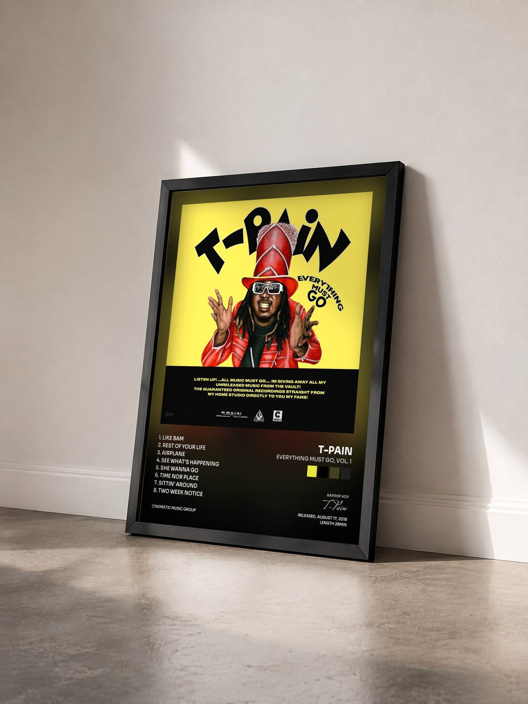 #noir Tableau de l'album Everything Must Go, Vol. 1 de T-Pain vu de trois quarts, cadre noir
