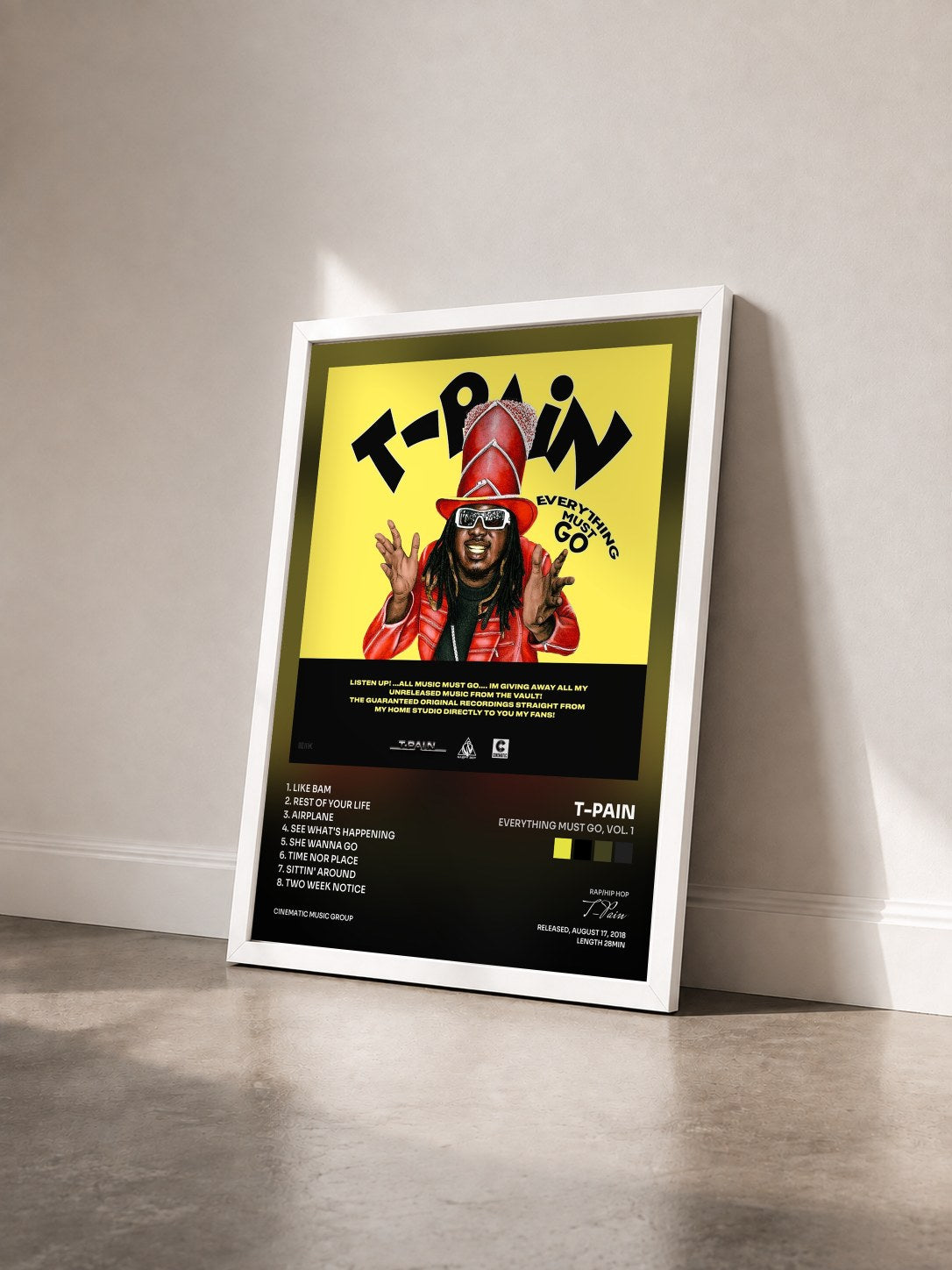 #blanc Tableau de l'album Everything Must Go, Vol. 1 de T-Pain vu de trois quarts, cadre blanc