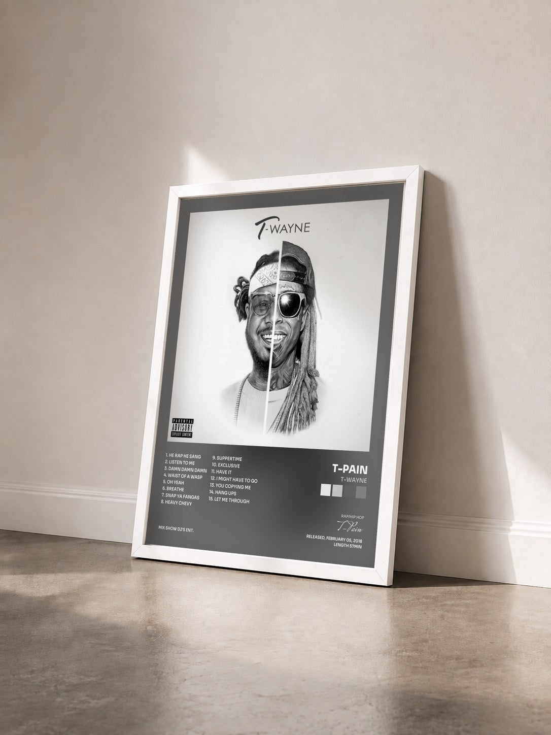#blanc Tableau de l'album T-Wayne de T-Pain vu de trois quarts, cadre blanc