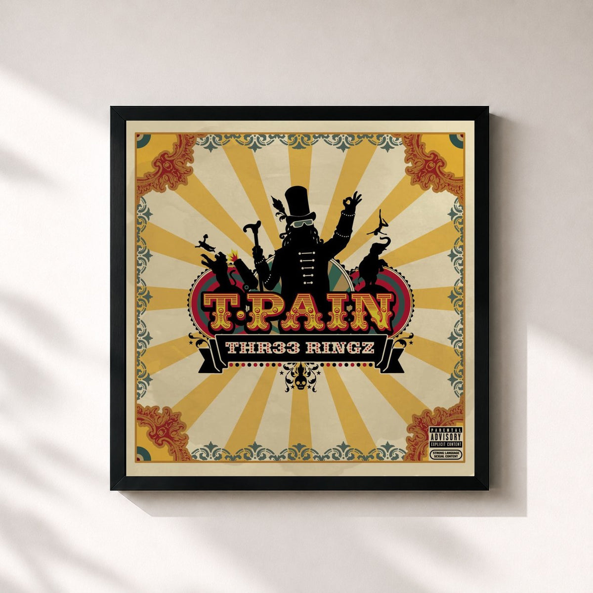 #noir Tableau carré de l'album Thr33 Ringz de T-Pain, cadre noir 32x32 cm