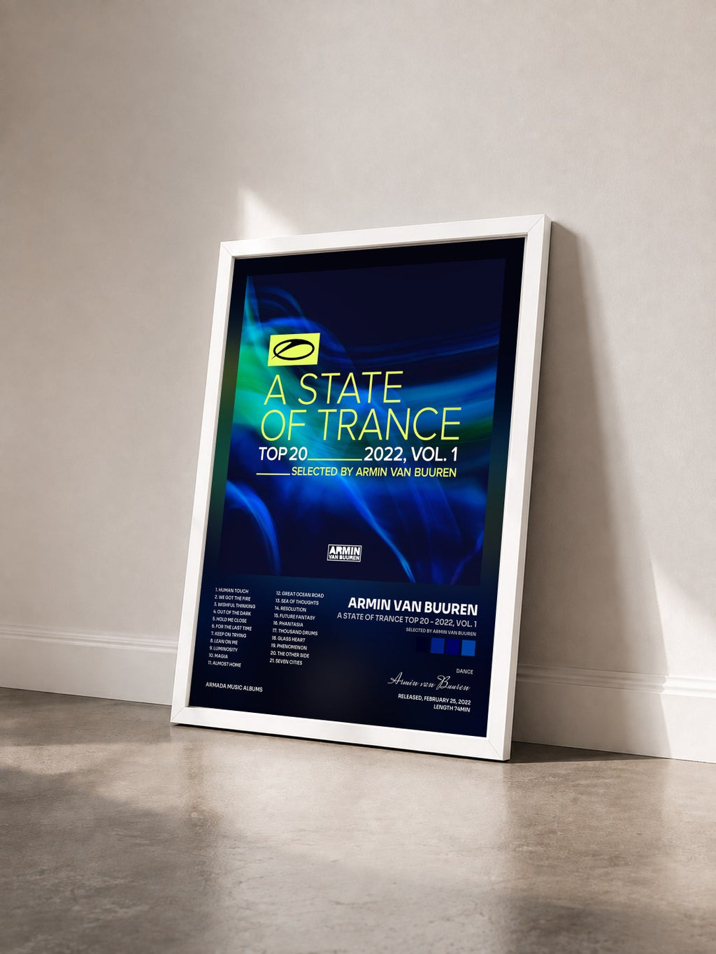 #blanc Tableau de l'album A State Of Trance Top 20 - 2022, Vol. 1 (Selected by Armin van Buuren) de Armin van Buuren vu de trois quarts, cadre blanc