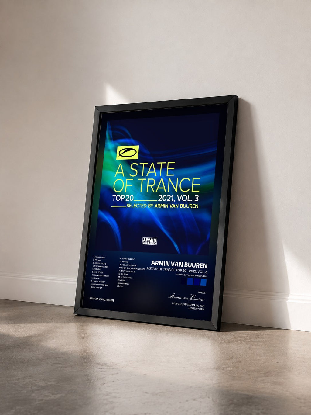 #noir Tableau de l'album A State Of Trance Top 20 - 2021, Vol. 3 (Selected by Armin van Buuren) de Armin van Buuren vu de trois quarts, cadre noir