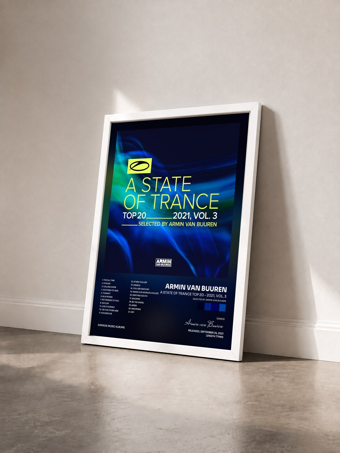 #blanc Tableau de l'album A State Of Trance Top 20 - 2021, Vol. 3 (Selected by Armin van Buuren) de Armin van Buuren vu de trois quarts, cadre blanc