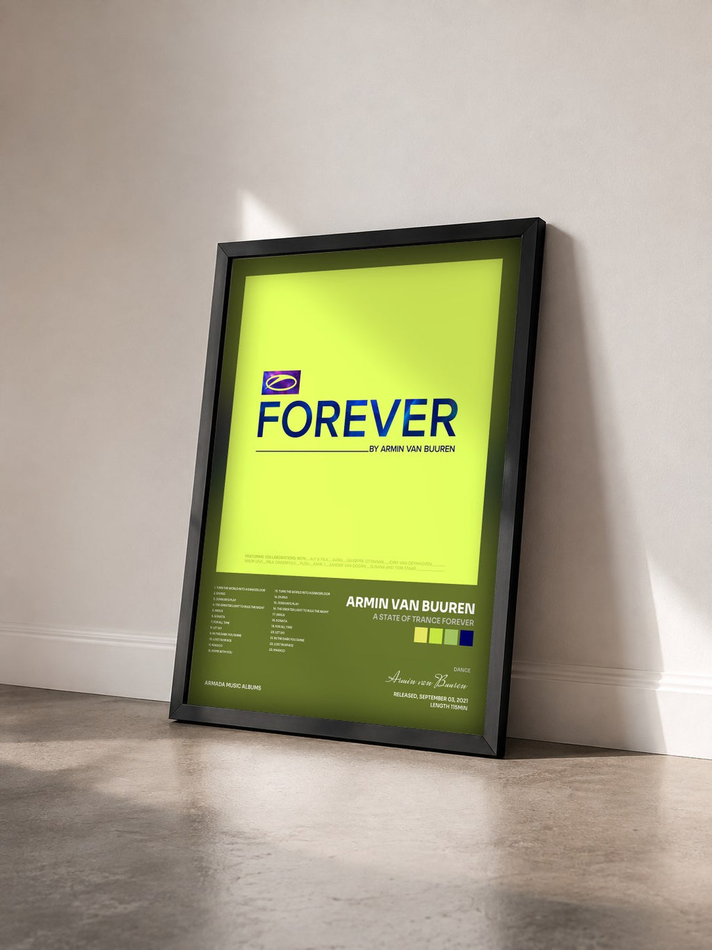 #noir Tableau de l'album A State Of Trance FOREVER de Armin van Buuren vu de trois quarts, cadre noir