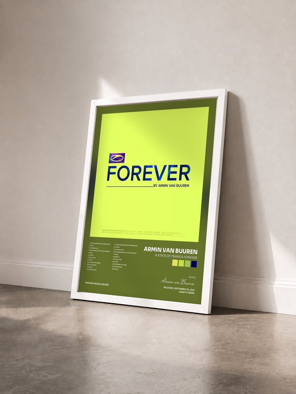 #blanc Tableau de l'album A State Of Trance FOREVER de Armin van Buuren vu de trois quarts, cadre blanc