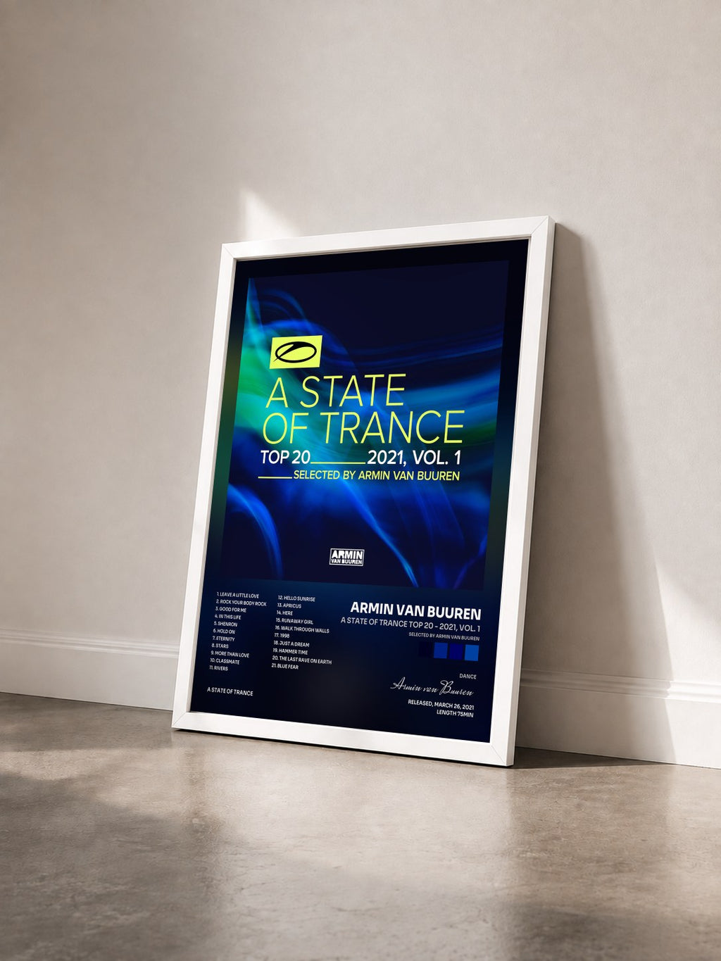 #blanc A State Of Trance Top 20 - 2021, Vol. 1 (Selected by Armin van Buuren) von Armin van Buuren als gerahmter Kunstdruck von schräg gesehen, weißer Rahmen