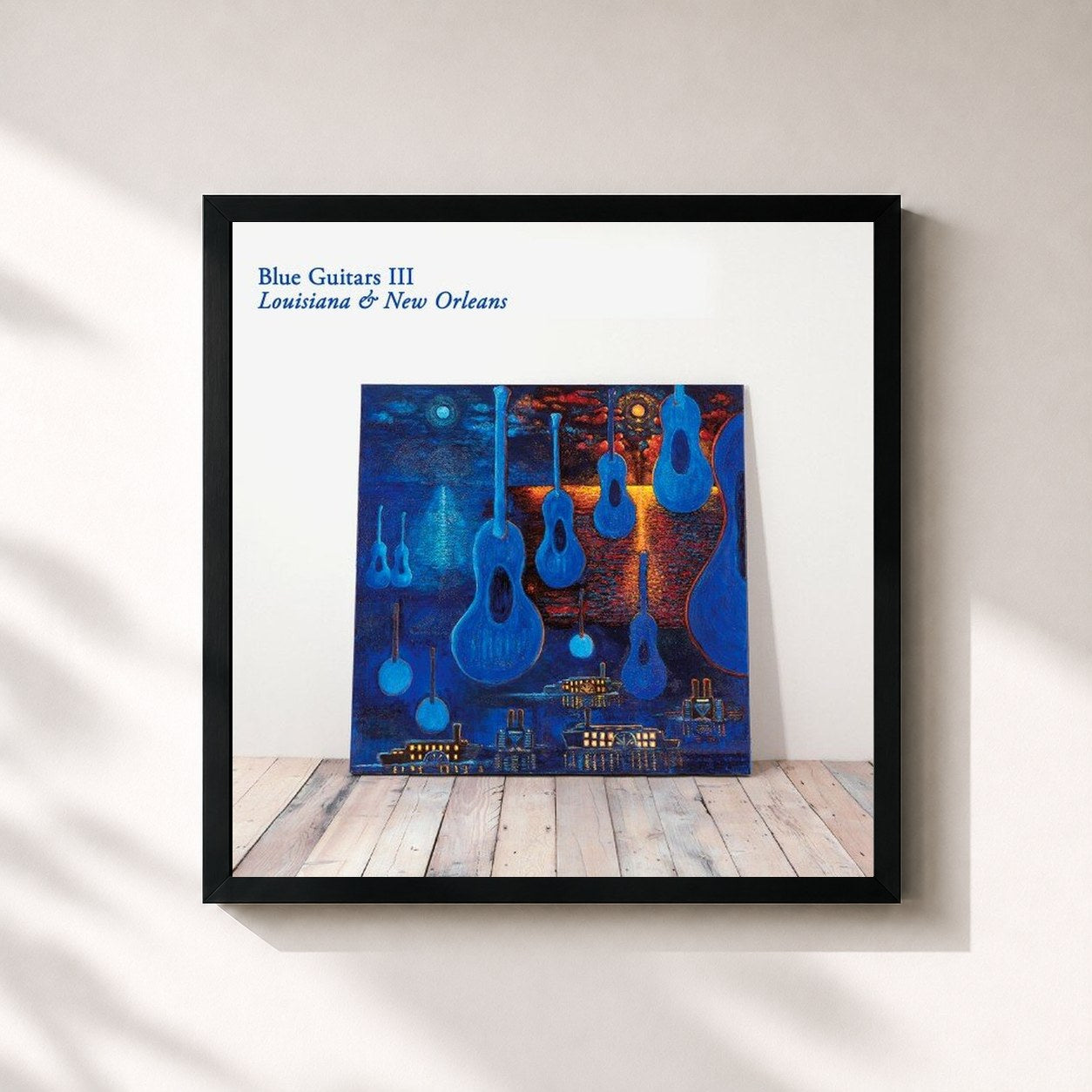 #noir Tableau carré de l'album Blue Guitars III - Louisiana & New Orleans de Chris Rea, cadre noir 32x32 cm