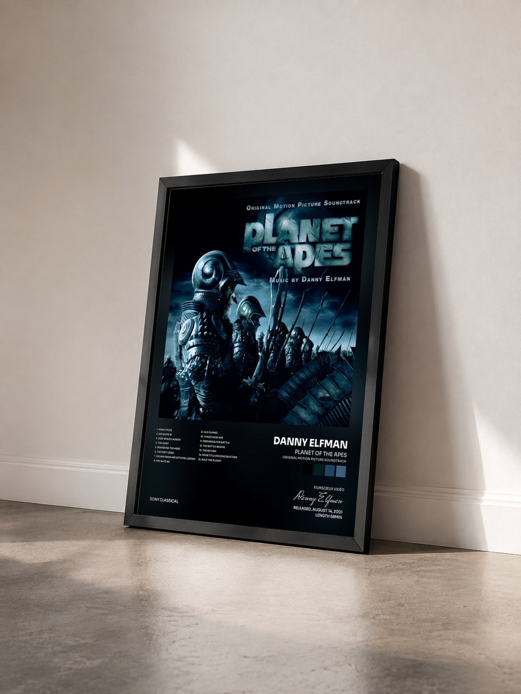 #noir Planet of the Apes (Original Motion Picture Soundtrack) by Danny Elfman as a framed art print seen at an angle, black frame