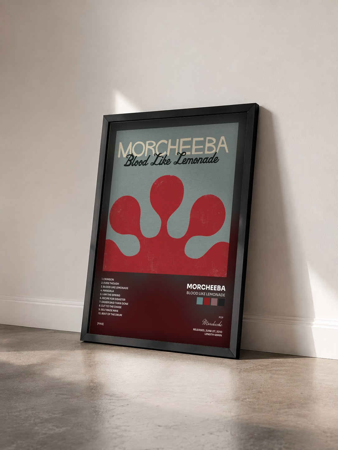 #noir Tableau de l'album Blood Like Lemonade de Morcheeba vu de trois quarts, cadre noir
