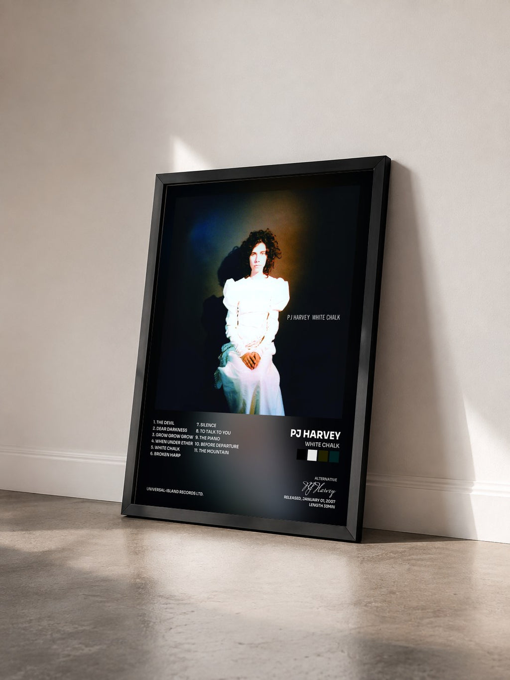 #noir White Chalk by PJ Harvey as a framed art print seen at an angle, black frame