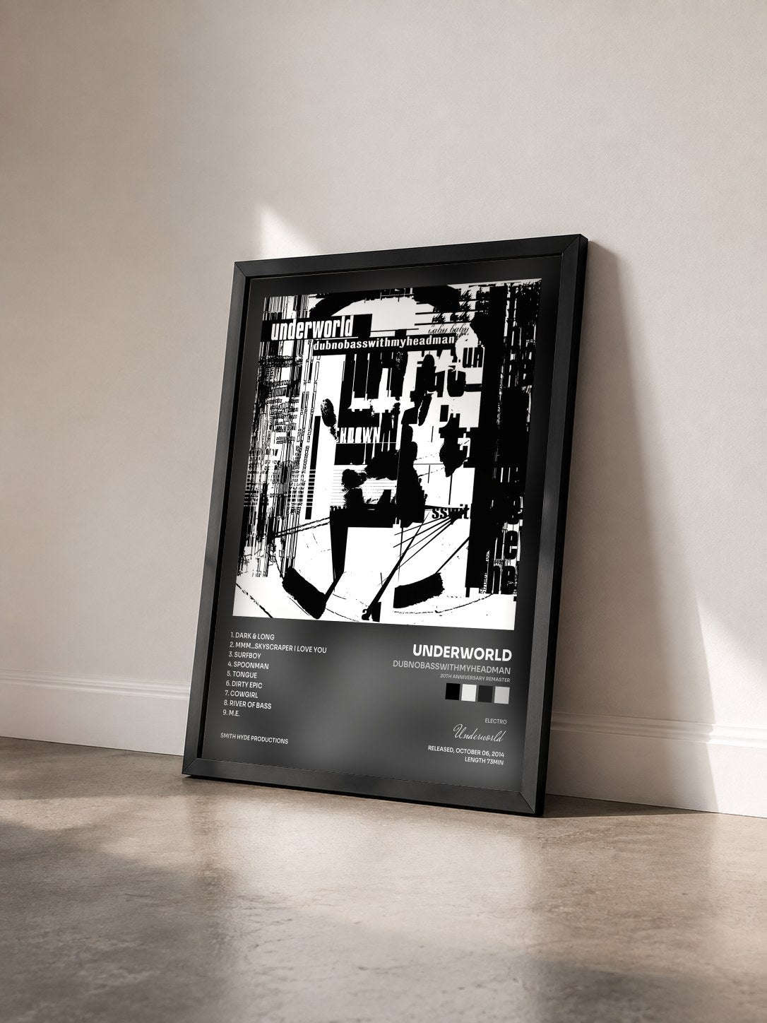 #noir Dubnobasswithmyheadman (20th Anniversary Remaster) by Underworld as a framed art print seen at an angle, black frame