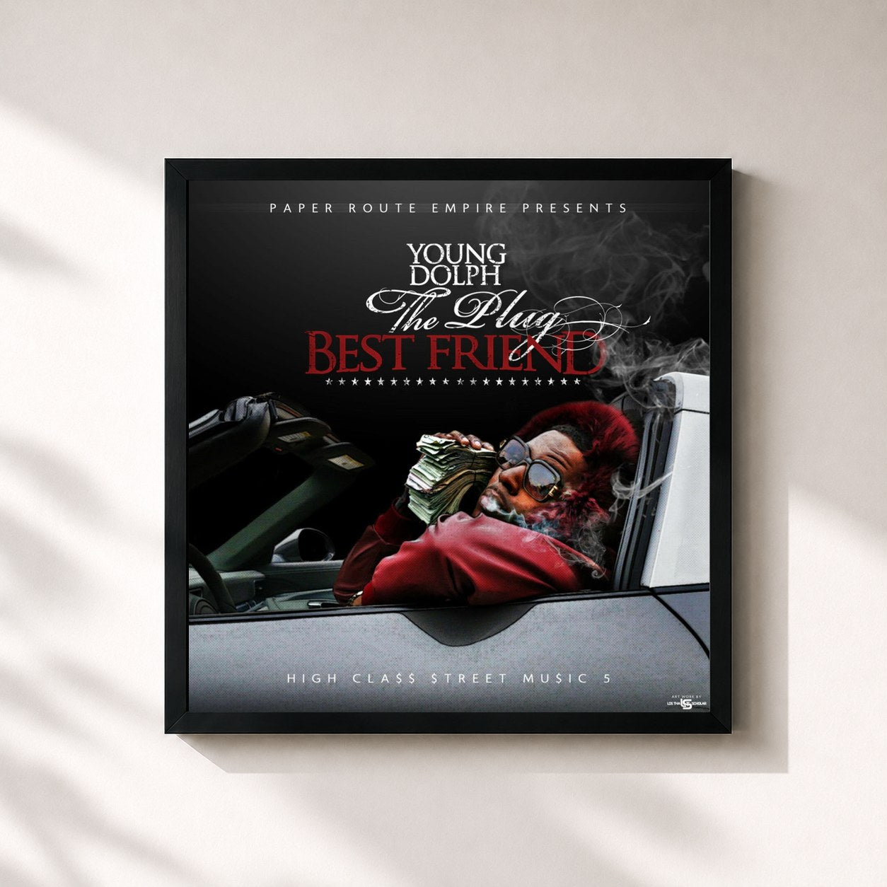 #noir Tableau carré de l'album High Class Street Music 5: The Plug Best Friend de Young Dolph, cadre noir 32x32 cm