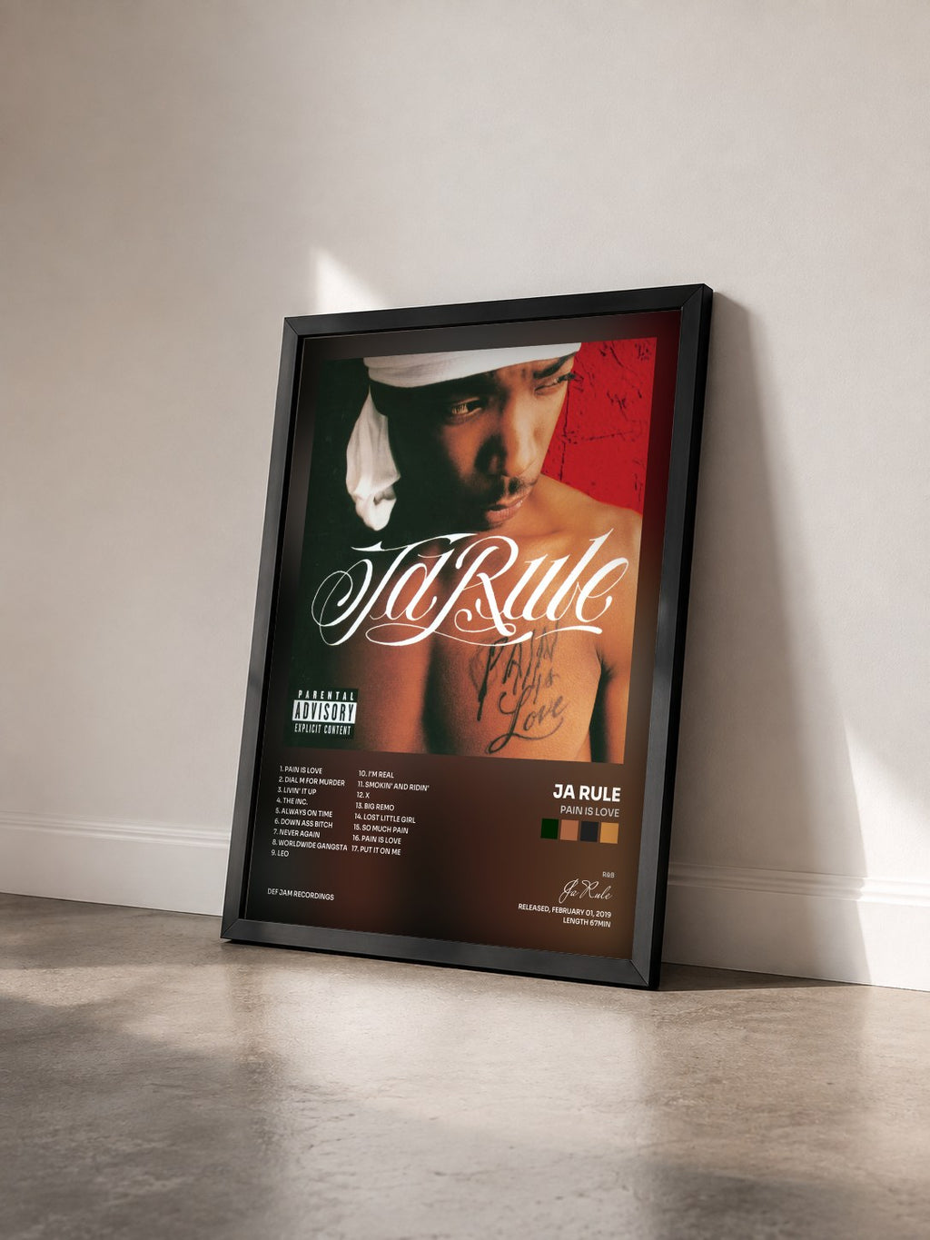 #noir Pain Is Love di Ja Rule in stampa incorniciata vista di tre quarti, cornice nera