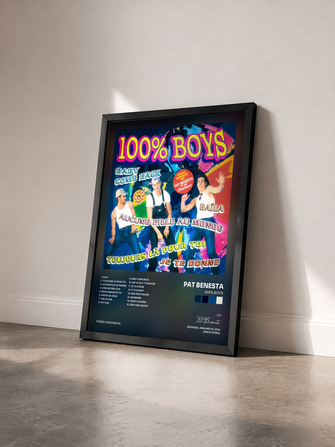 #noir Tableau de l'album 100% Boys de Pat Benesta vu de trois quarts, cadre noir