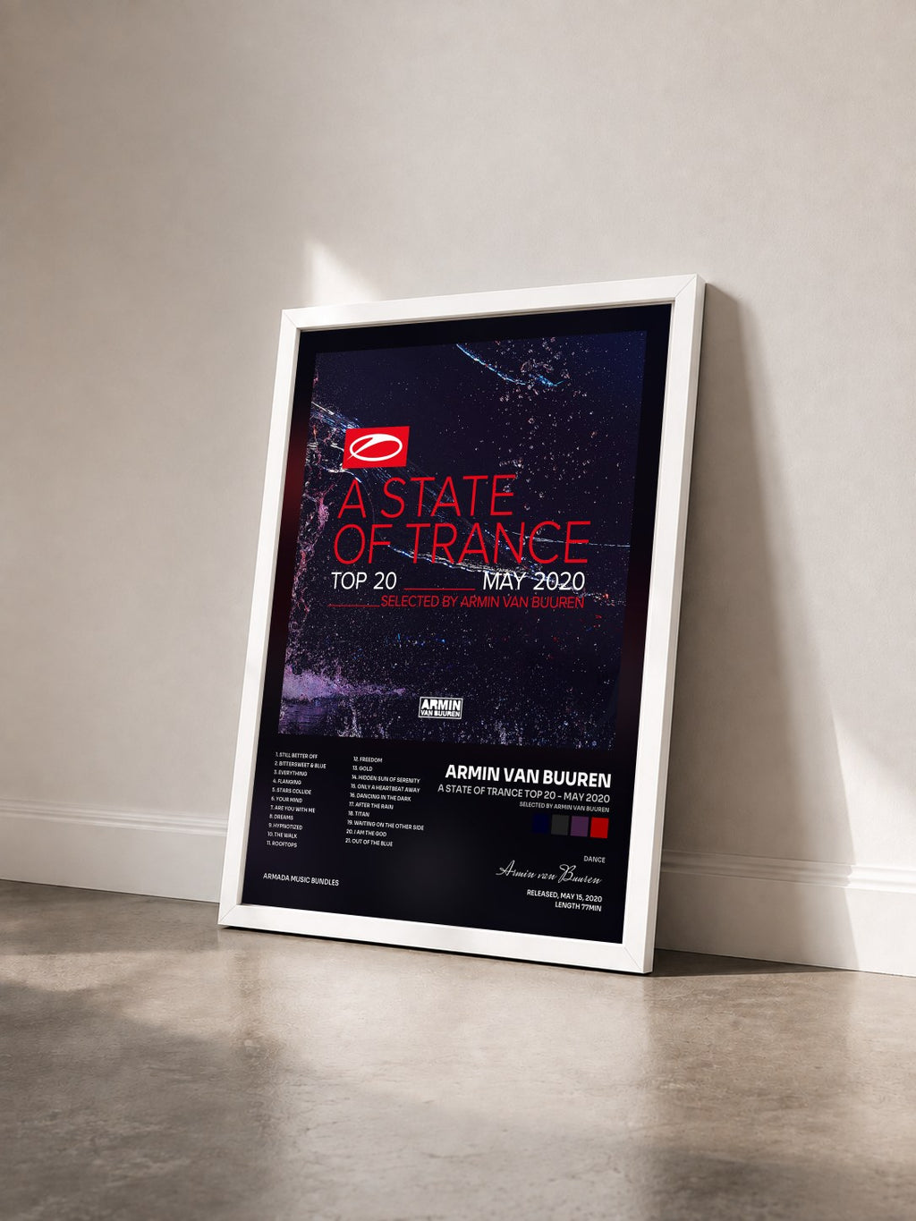 #blanc A State Of Trance Top 20 - May 2020 (Selected by Armin van Buuren) de Armin van Buuren en lámina enmarcada vista de tres cuartos, marco blanco