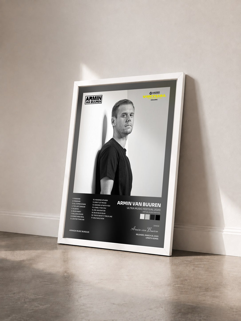 #blanc Ultra Music Festival 2020 (Virtual Audio Festival) von Armin van Buuren als gerahmter Kunstdruck von schräg gesehen, weißer Rahmen