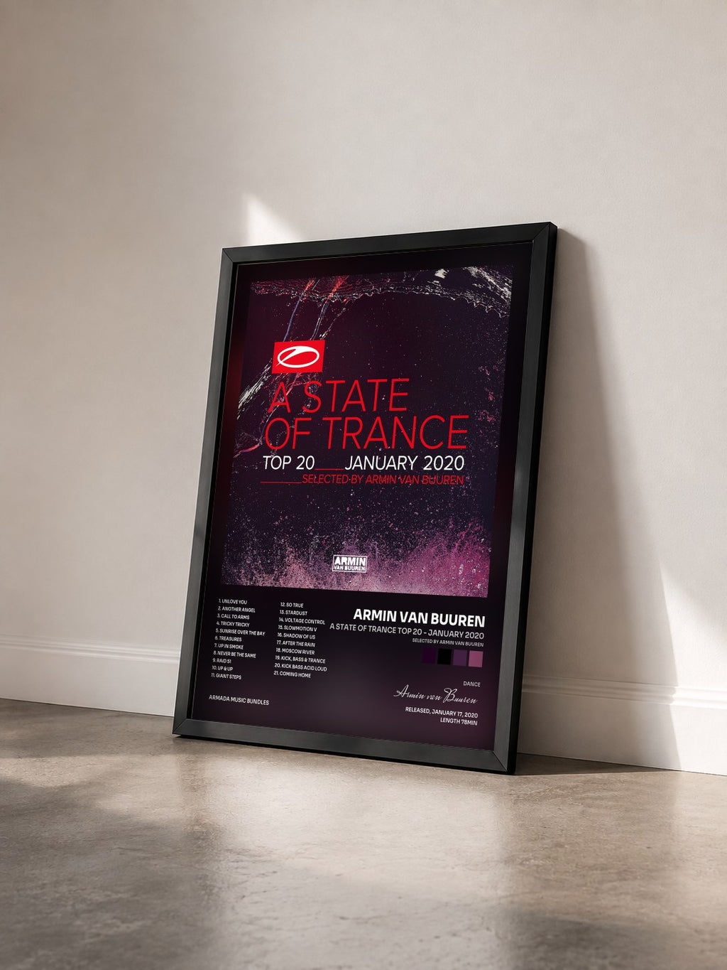 #noir A State Of Trance Top 20 - January 2020 (Selected by Armin van Buuren) von Armin van Buuren als gerahmter Kunstdruck von schräg gesehen, schwarzer Rahmen