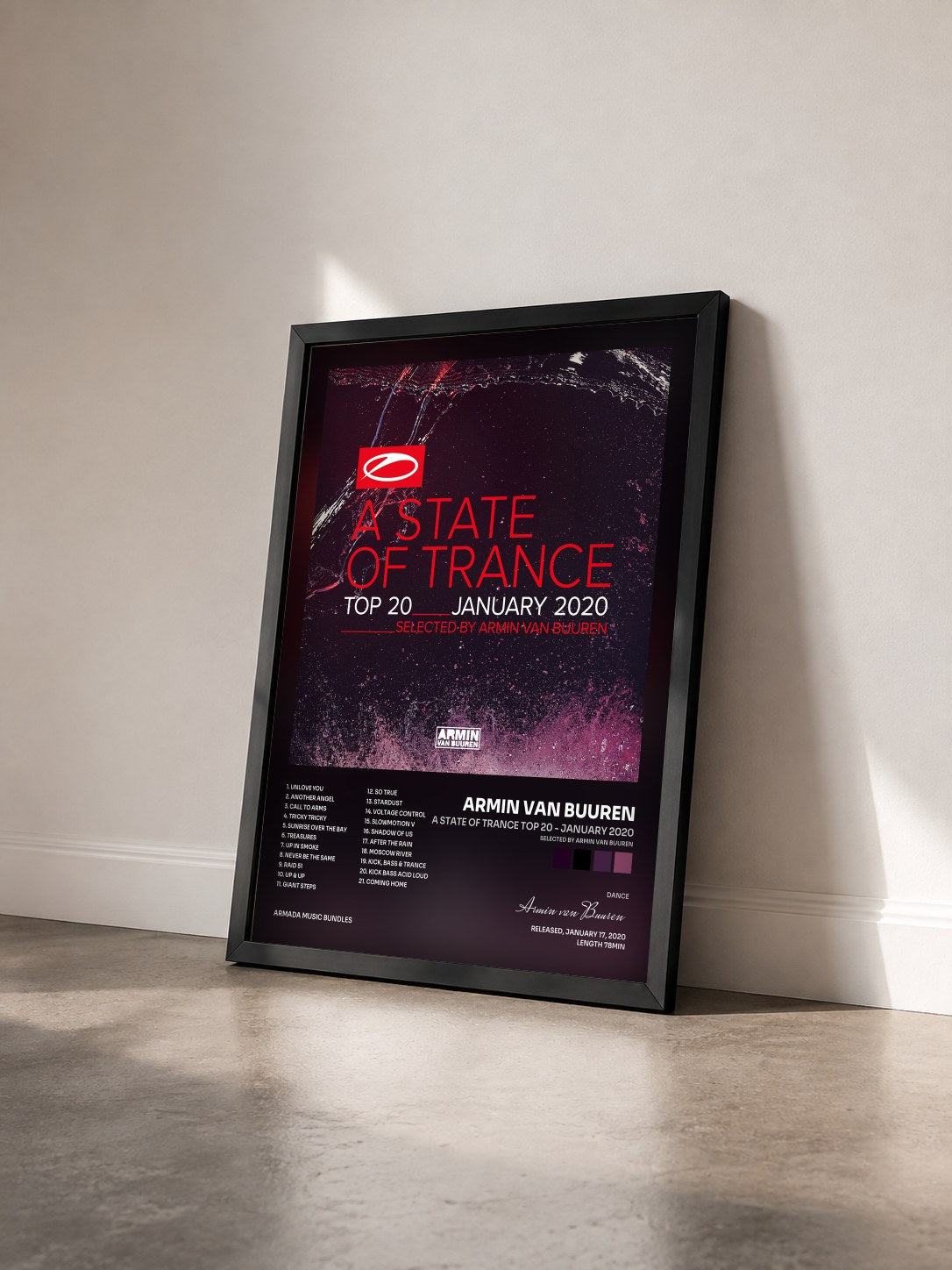 #noir Tableau de l'album A State Of Trance Top 20 - January 2020 (Selected by Armin van Buuren) de Armin van Buuren vu de trois quarts, cadre noir