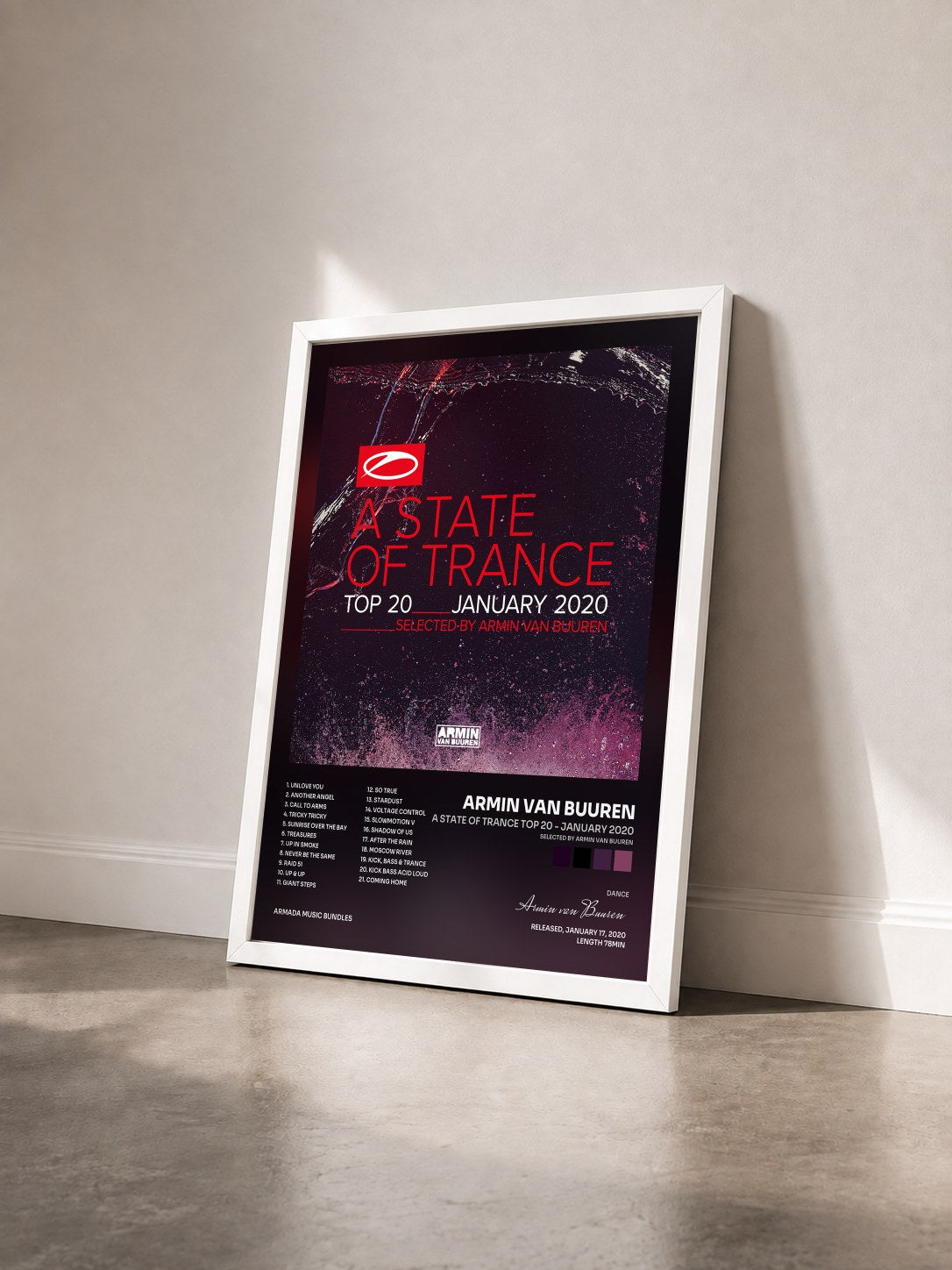 #blanc Tableau de l'album A State Of Trance Top 20 - January 2020 (Selected by Armin van Buuren) de Armin van Buuren vu de trois quarts, cadre blanc